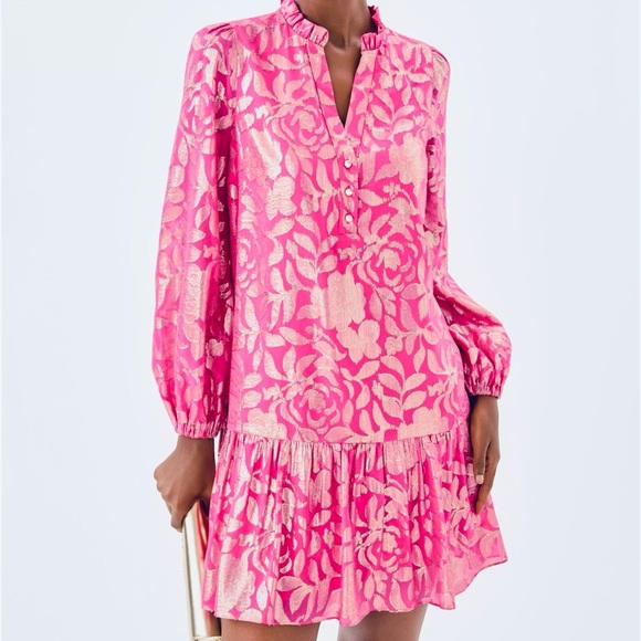 strapless open back dress Girls Little Lilly Shift Dress - Pink Palms Fantasy Tweed – The Islands main image 0